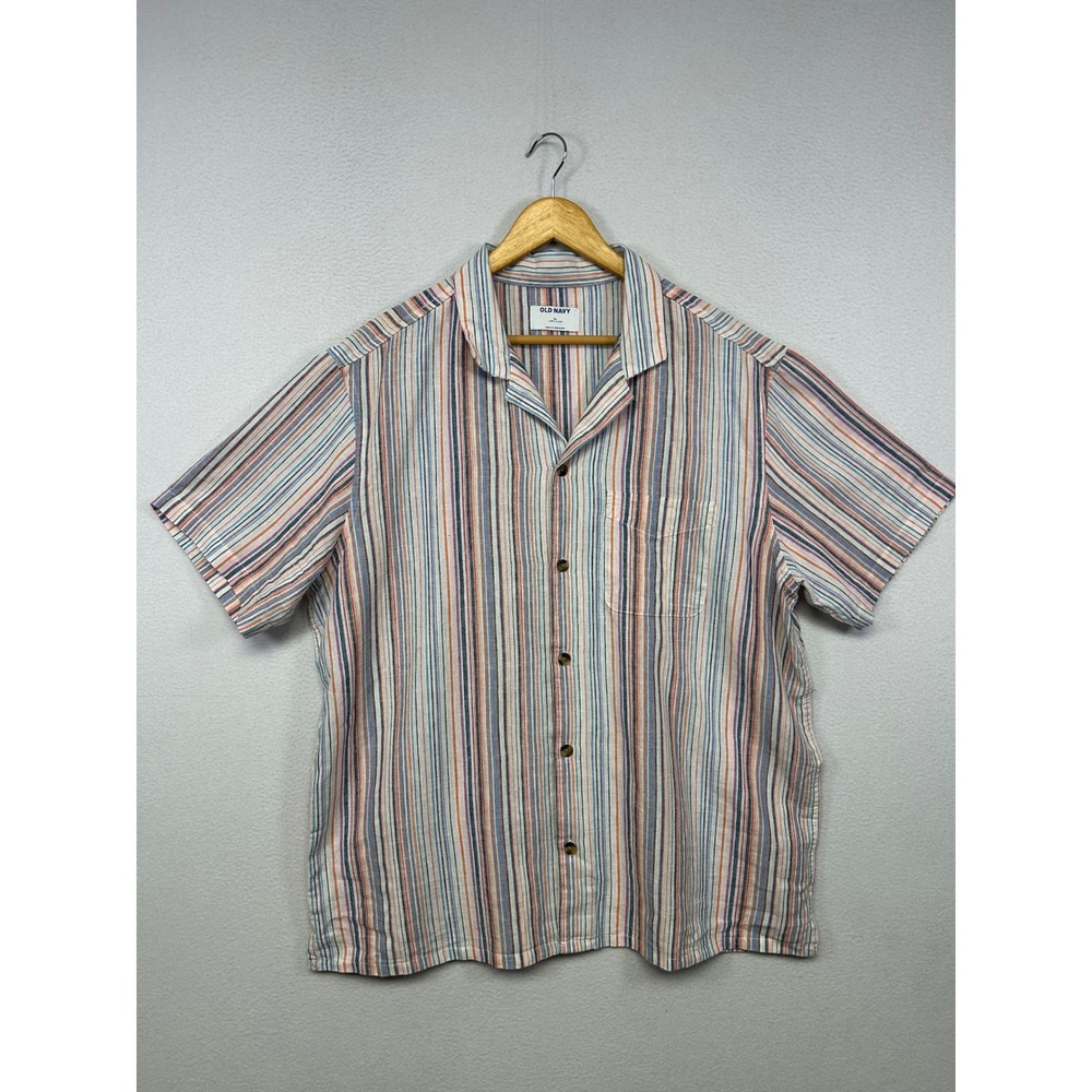 Summer Beach Coastal Old Navy Mens XL Multi-Color Striped Linen Blend Camp Shirt
